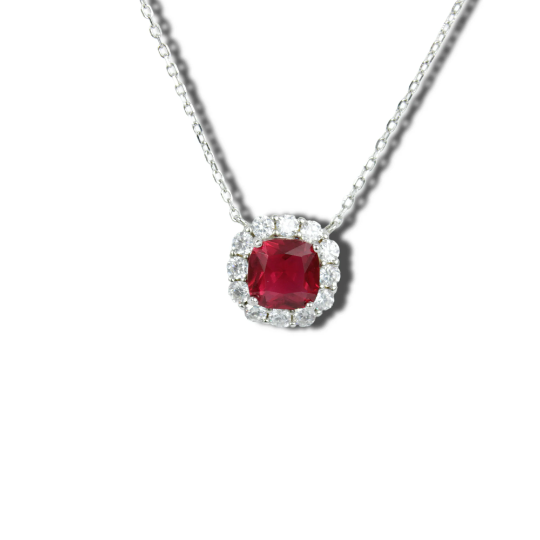 White gold finish Cushion Cut red Ruby & created diamond Pendant necklace