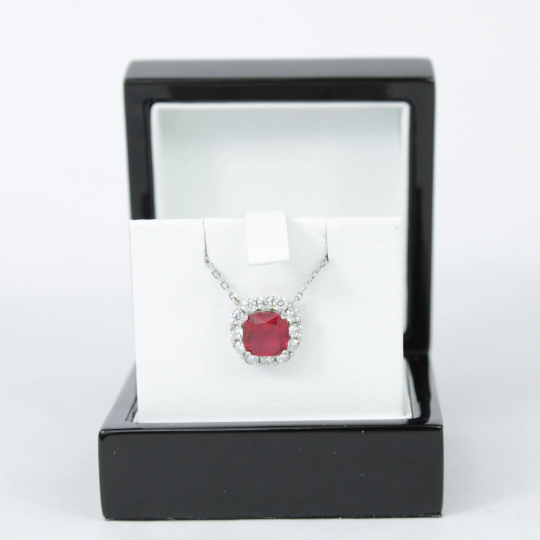 White gold finish Cushion Cut red Ruby & created diamond Pendant necklace