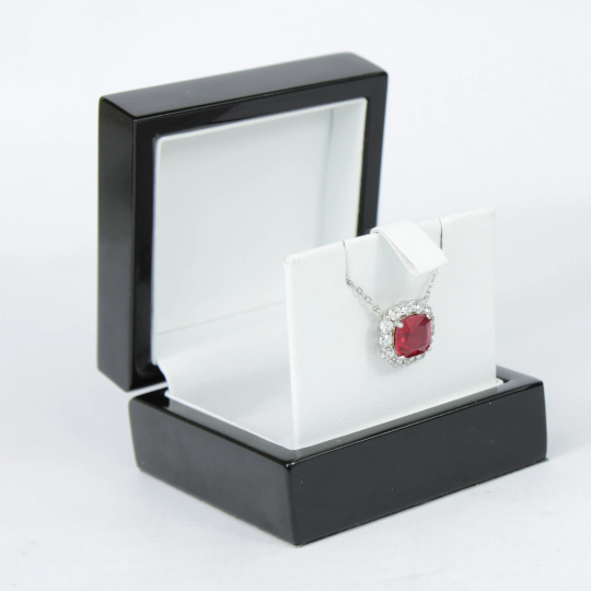 White gold finish Cushion Cut red Ruby & created diamond Pendant necklace