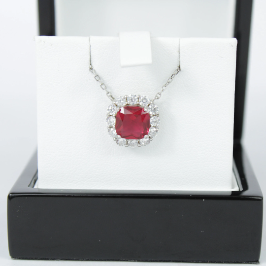 White gold finish Cushion Cut red Ruby & created diamond Pendant necklace