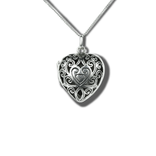 WHITE GOLD FINISH Black Heart Swirl Design Pendant Locket Necklace