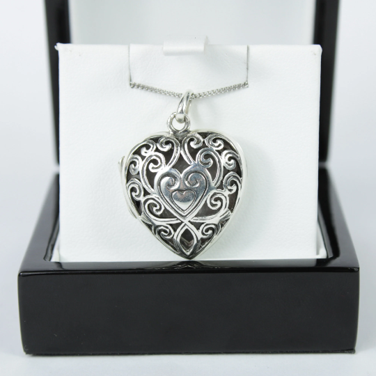 WHITE GOLD FINISH Black Heart Swirl Design Pendant Locket Necklace