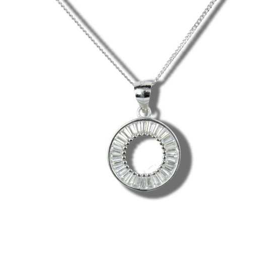 WHITE GOLD FINISH Baguette Cut Circle of Life Created Diamond Necklace