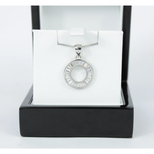 WHITE GOLD FINISH Baguette Cut Circle of Life Created Diamond Necklace