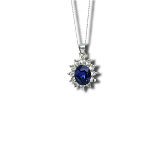 WHITE GOLD FINISH Blue Sapphire Created Diamond Round Cut Flower Cluster Pendant Necklace