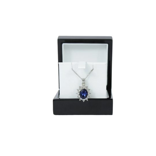 WHITE GOLD FINISH Blue Sapphire Created Diamond Round Cut Flower Cluster Pendant Necklace