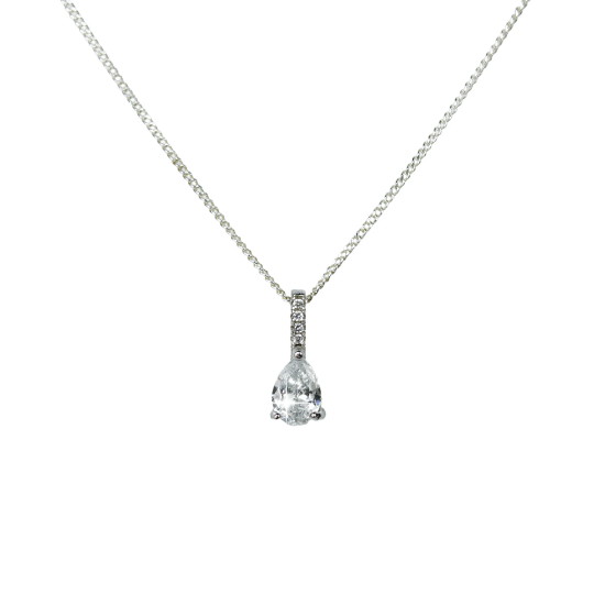 WHITE GOLD FINISH Created Diamond Pear Cut Tear Drop Solitaire Pendant Necklace