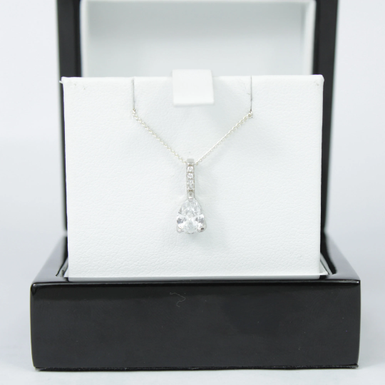 WHITE GOLD FINISH Created Diamond Pear Cut Tear Drop Solitaire Pendant Necklace