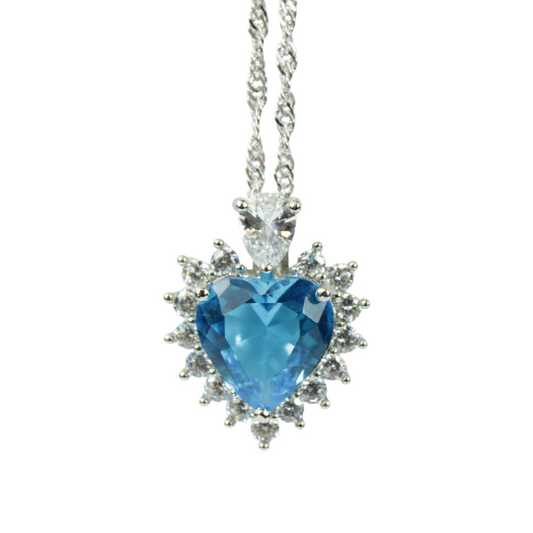 WHITE GOLD FINISH Created Diamond Blue Topaz Classic Heart Cut Cluster Design Pendant Necklace Including Gift Box