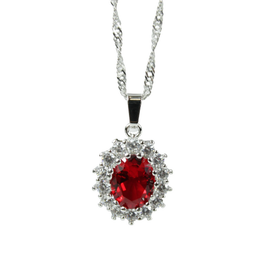 WHITE GOLD FINISH Created Diamond Red Ruby Oval Cut Cluster Pendant Necklace Including Gift Box