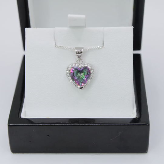 WHITE GOLD FINISH Created Diamond And Purple Green Fluorite Heart Halo Pendant Necklace