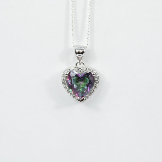 WHITE GOLD FINISH Created Diamond And Purple Green Fluorite Heart Halo Pendant Necklace