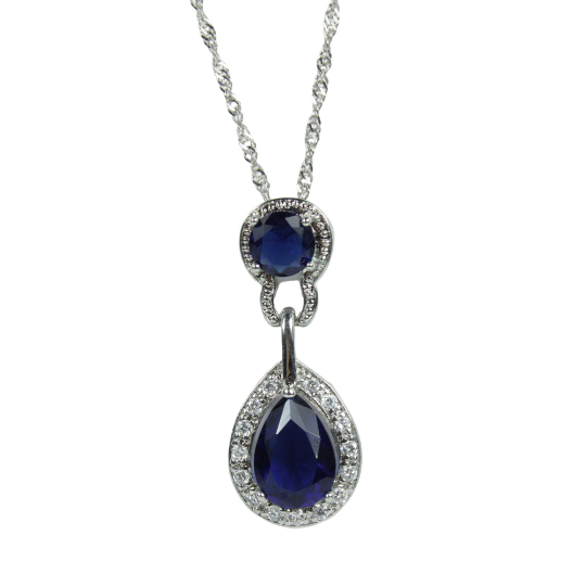 WHITE GOLD FINISH Created Diamond Blue Sapphire Pear Cut Round Cut Retro Design Dangle Pendant Necklace Including Gift Box