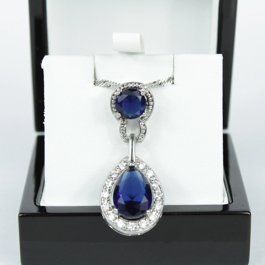 WHITE GOLD FINISH Created Diamond Blue Sapphire Pear Cut Round Cut Retro Design Dangle Pendant Necklace Including Gift Box