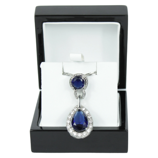 WHITE GOLD FINISH Created Diamond Blue Sapphire Pear Cut Round Cut Retro Design Dangle Pendant Necklace Including Gift Box