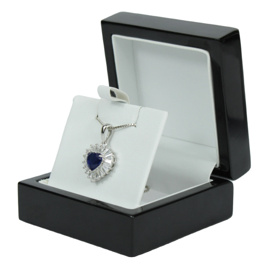 WHITE GOLD FINISH Created Diamond Blue Sapphire Heart Cut Baguette Cut Pendant Necklace Including Gift Box