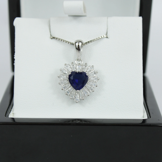 WHITE GOLD FINISH Created Diamond Blue Sapphire Heart Cut Baguette Cut Pendant Necklace Including Gift Box