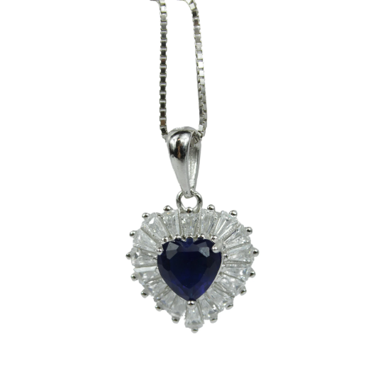 WHITE GOLD FINISH Created Diamond Blue Sapphire Heart Cut Baguette Cut Pendant Necklace Including Gift Box