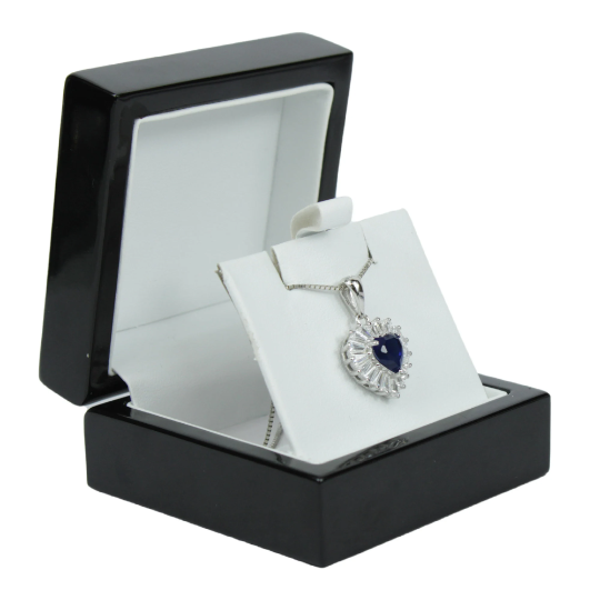 WHITE GOLD FINISH Created Diamond Blue Sapphire Heart Cut Baguette Cut Pendant Necklace Including Gift Box