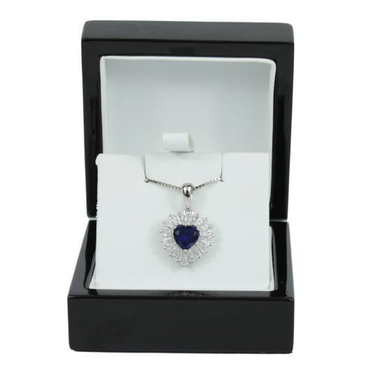 WHITE GOLD FINISH Created Diamond Blue Sapphire Heart Cut Baguette Cut Pendant Necklace Including Gift Box