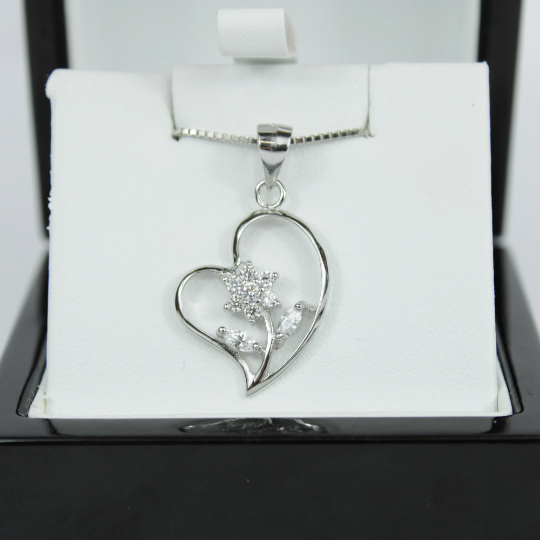 WHITE GOLD FINISH Created Diamond Flower In Heart Pendant Necklace Including Gift Box