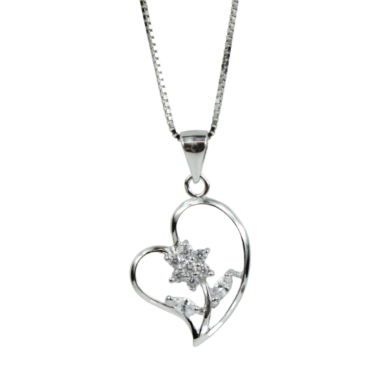 WHITE GOLD FINISH Created Diamond Flower In Heart Pendant Necklace Including Gift Box