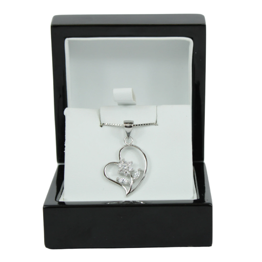 WHITE GOLD FINISH Created Diamond Flower In Heart Pendant Necklace Including Gift Box