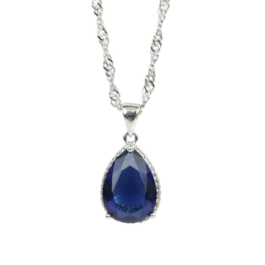 WHITE GOLD FINISH Created Diamond Blue Sapphire Pear Cut Pendant Necklace Including Gift Box