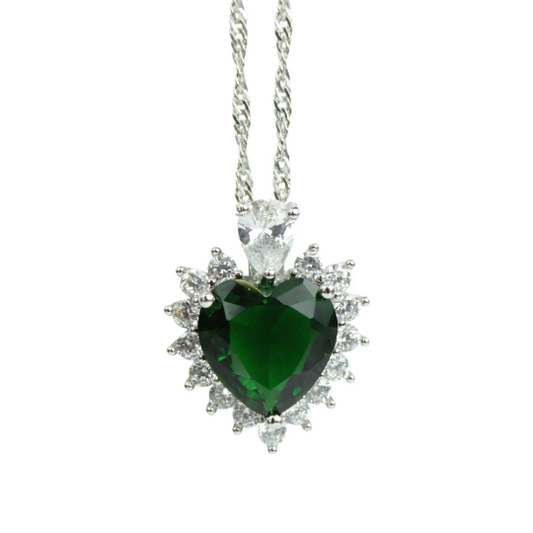 WHITE GOLD FINISH Created Diamond Green Emerald Classic Heart Cut Cluster Design Pendant Necklace Including Gift Box