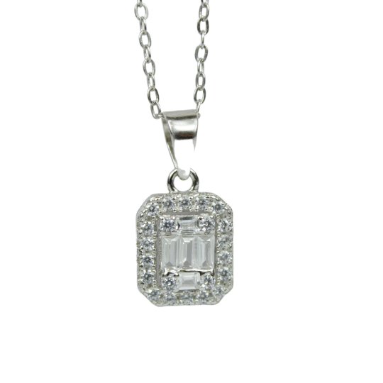 WHITE GOLD FINISH Created Diamond Baguette Square 8 Sided Pendant Necklace Including Gift Box