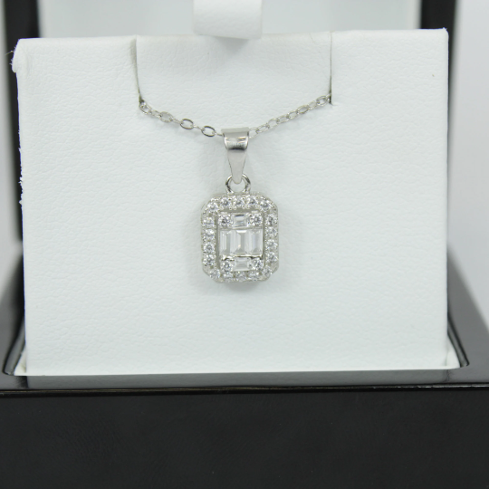 WHITE GOLD FINISH Created Diamond Baguette Square 8 Sided Pendant Necklace Including Gift Box