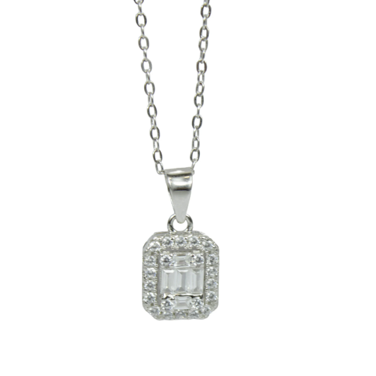 WHITE GOLD FINISH Created Diamond Baguette Square 8 Sided Pendant Necklace Including Gift Box