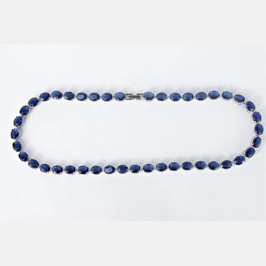 WHITE GOLD FINISH Created Diamond Blue Sapphire Classic Oval Cut Necklace