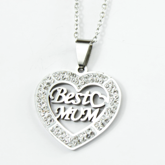 WHITE GOLD FINISH Created Diamond Classic Heart “Best Mum” Pendant Necklace Including Gift Box