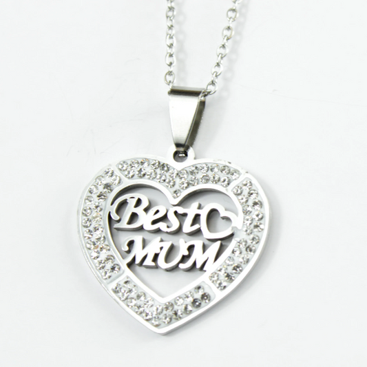 WHITE GOLD FINISH Created Diamond Classic Heart “Best Mum” Pendant Necklace Including Gift Box