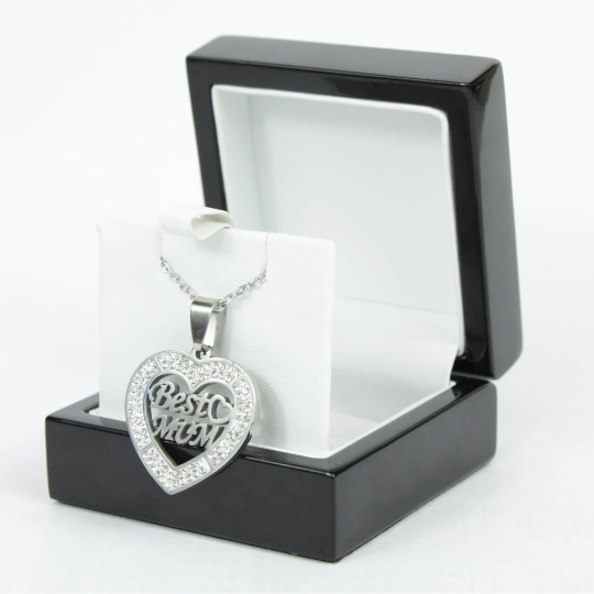 WHITE GOLD FINISH Created Diamond Classic Heart “Best Mum” Pendant Necklace Including Gift Box