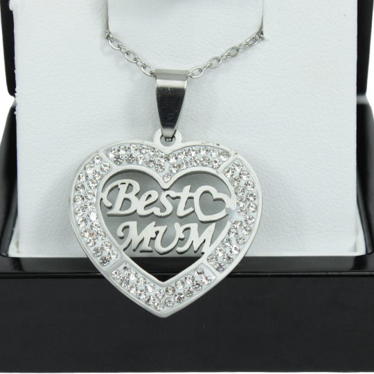 WHITE GOLD FINISH Created Diamond Classic Heart “Best Mum” Pendant Necklace Including Gift Box