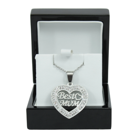 WHITE GOLD FINISH Created Diamond Classic Heart “Best Mum” Pendant Necklace Including Gift Box