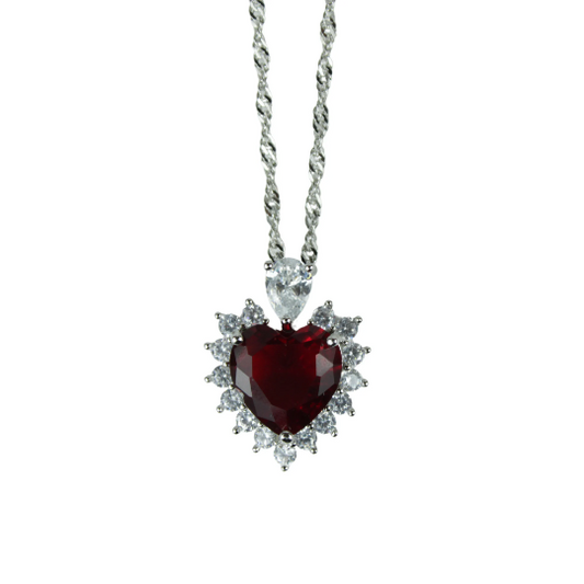 WHITE GOLD FINISH Created Diamond Red Ruby Classic Heart Cut Cluster Design Pendant Necklace Including Gift Box