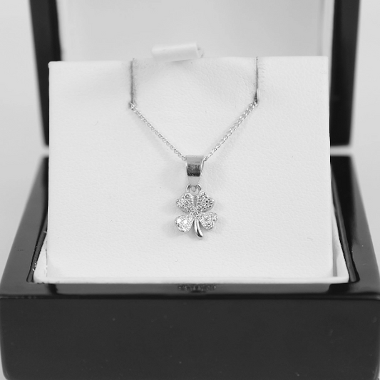 WHITE GOLD FINISH 4 Leaf Clover Small Created Diamond Pendant Necklace