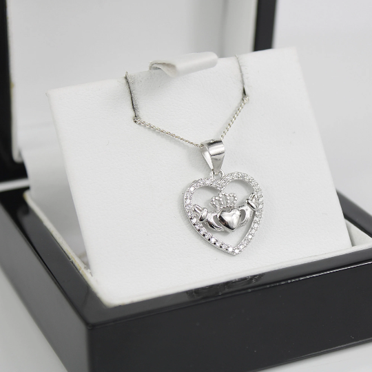 WHITE GOLD FINISH Heart Cut Crown on Hands Created Diamond Cluster Pendant Necklace