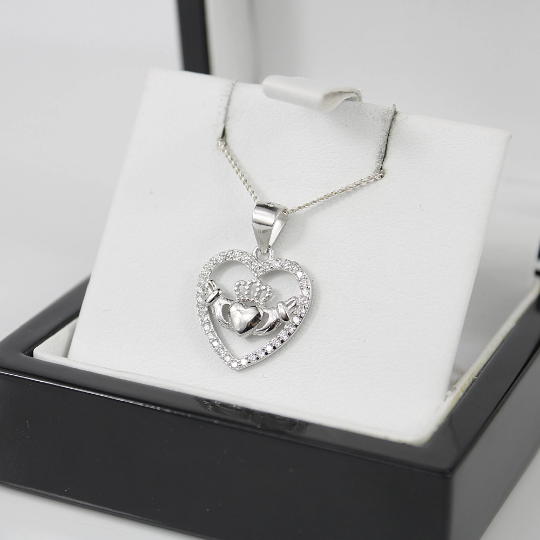 WHITE GOLD FINISH Heart Cut Crown on Hands Created Diamond Cluster Pendant Necklace