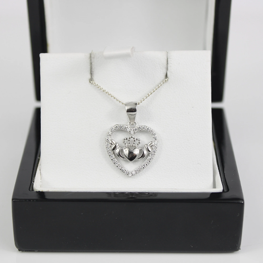 WHITE GOLD FINISH Heart Cut Crown on Hands Created Diamond Cluster Pendant Necklace