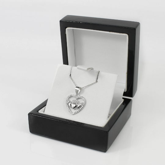 WHITE GOLD FINISH Heart Cut Crown on Hands Created Diamond Cluster Pendant Necklace