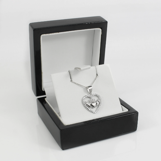 WHITE GOLD FINISH Heart Cut Crown on Hands Created Diamond Cluster Pendant Necklace