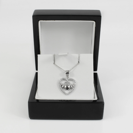 WHITE GOLD FINISH Heart Cut Crown on Hands Created Diamond Cluster Pendant Necklace