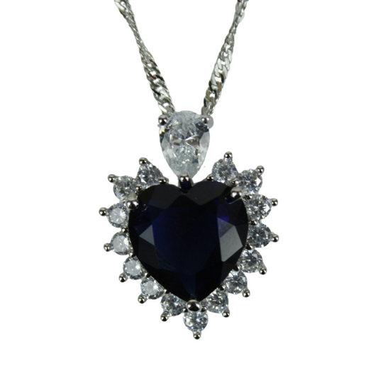 WHITE GOLD FINISH Created Diamond Blue Sapphire Classic Heart Cut Cluster Design Pendant Necklace Including Gift Box