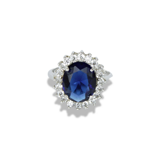 WHITE GOLD FINISH Created Diamond And Blue Sapphire Oval Cut Ring
