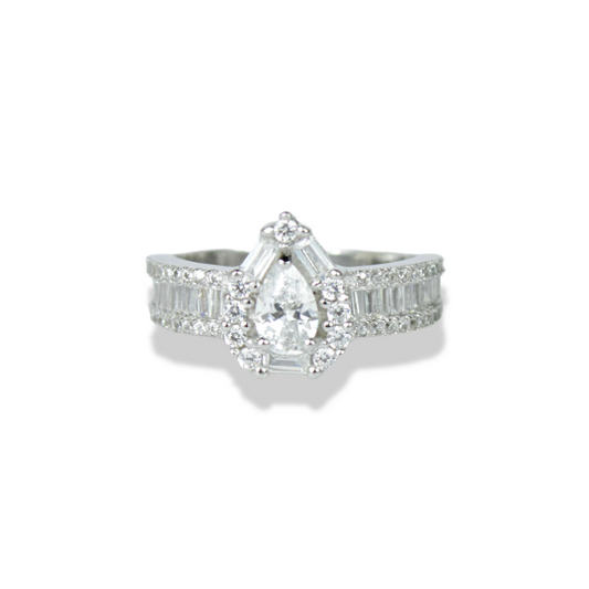 SILVER Created Diamond Tear Drop Pear Cut Design Cluster Ring