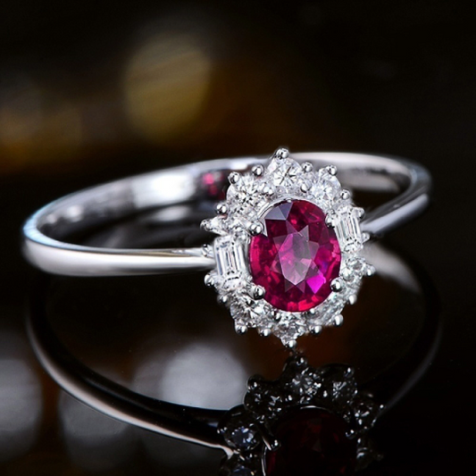 WHITE GOLD FINISH Red Ruby Round Cut Created Diamond Ring